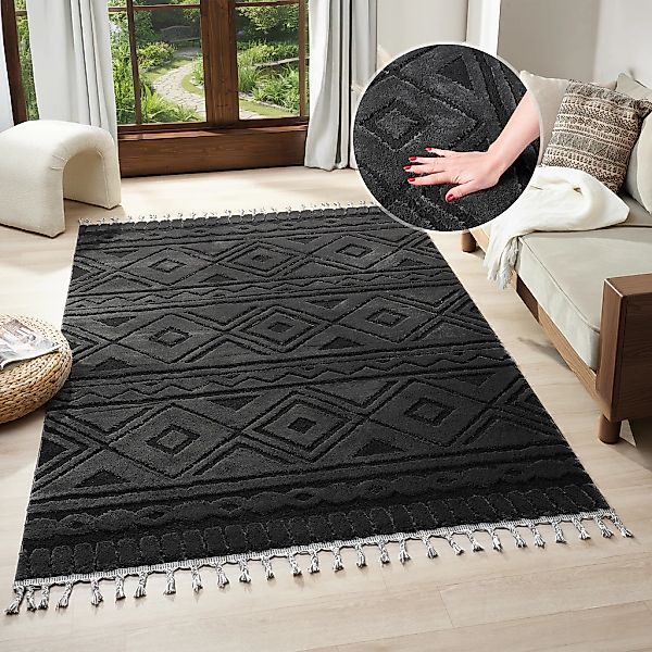 my home Teppich "Bonvo" rechteckig 19 mm Höhe mit Fransen, Hoch-Tief-Strukt günstig online kaufen