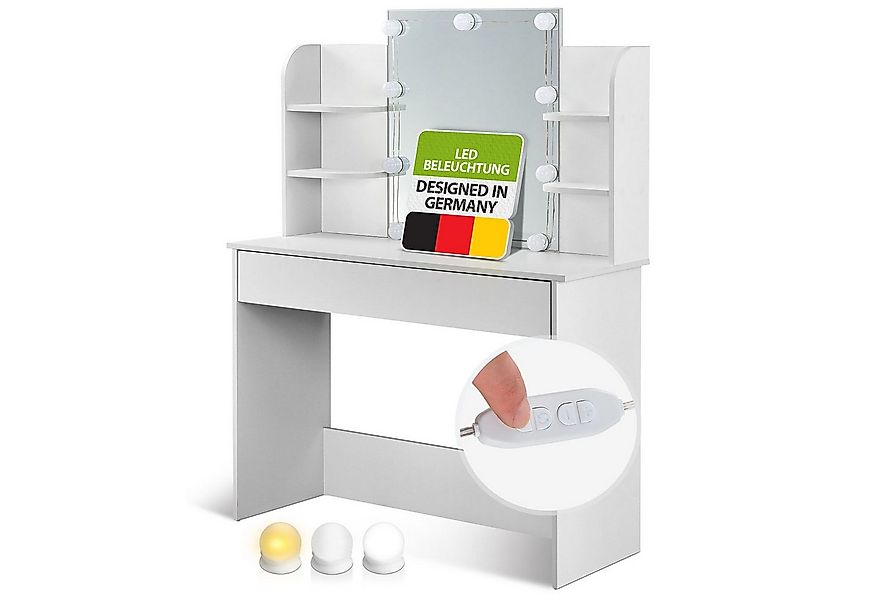 Juskys Schminktisch Bella, Inkl. LED Beleuchtung, Spiegel, Schublade mit 3 günstig online kaufen