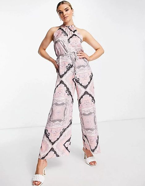 River Island – Neckholder-Jumpsuit mit Schal-Print in Rosa günstig online kaufen