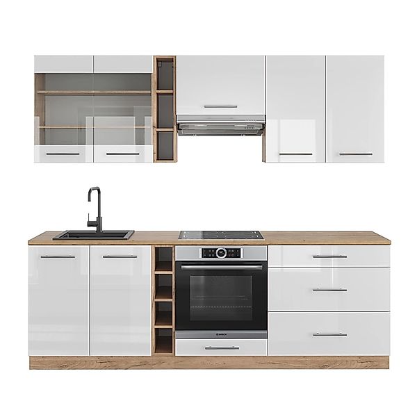 Vicco Fame-Line Küchenzeile Weiß Hochglanz/Goldkraft Eiche 235 cm AP Eiche günstig online kaufen