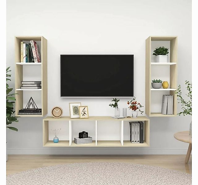 furnicato TV-Schrank 3-tlg. TV-Schrank-Set Weiß Sonoma-Eiche Holzwerkstoff günstig online kaufen