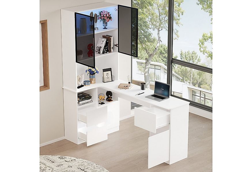 Celya Eckschreibtisch Schreibtisch mit Regal und LED-Vitrinenschrank 120×80 günstig online kaufen