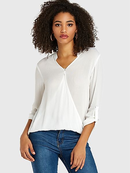 Weiß gekreuzte Bluse mit langem Ärmel und V-Ausschnitt vorne günstig online kaufen