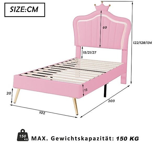 FOSMET Polsterbett Polster-Kinderbett 90x200 cm mit LED, PU-Krone, Lattenro günstig online kaufen