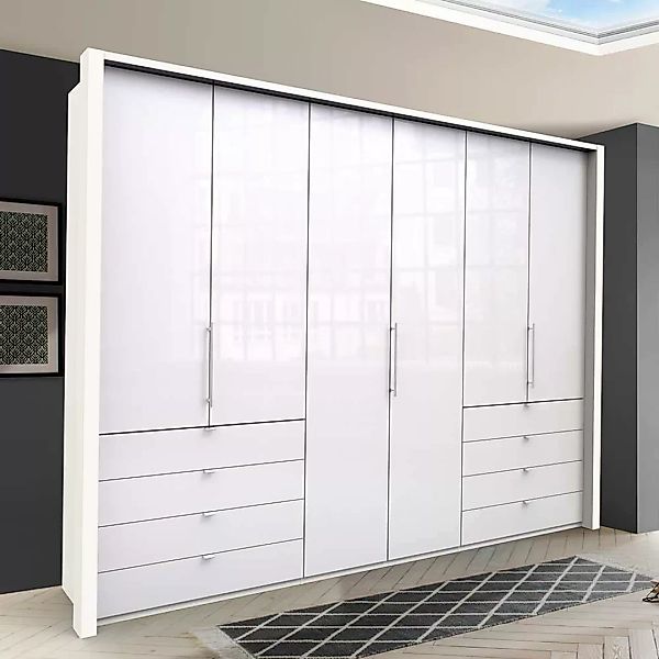 Falttüren Schlafzimmerschrank in Weiß Glas beschichtet acht Schubladen günstig online kaufen