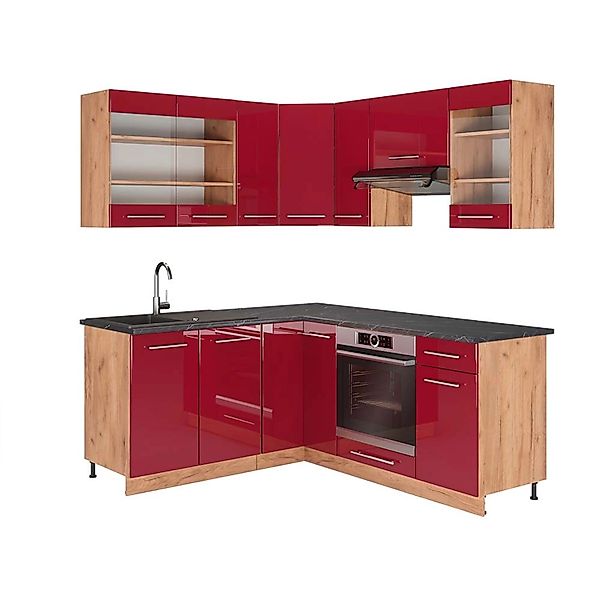Vicco Fame-Line Eckküche Bordeaux Hochglanz/Goldkraft Eiche 160 x 190 cm AP günstig online kaufen