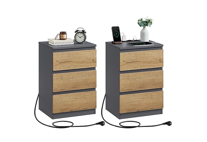 VASAGLE Nachttisch (2-St), 3 Schubladen, abgeschrägte Kante, 2 AC-Steckdose günstig online kaufen