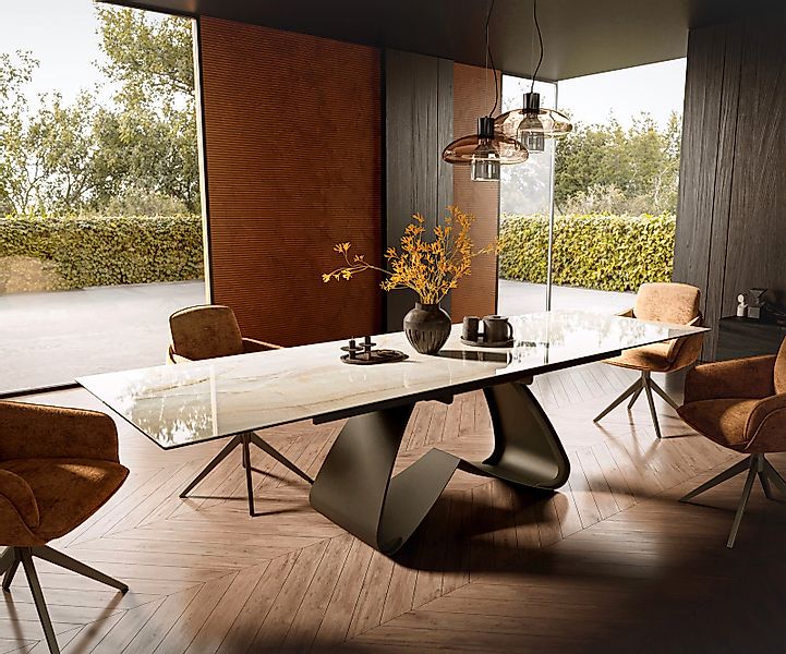Esstisch Edge 200-300x100 Keramik Laminam® Onice Oro W-Gestell Effektfinish günstig online kaufen