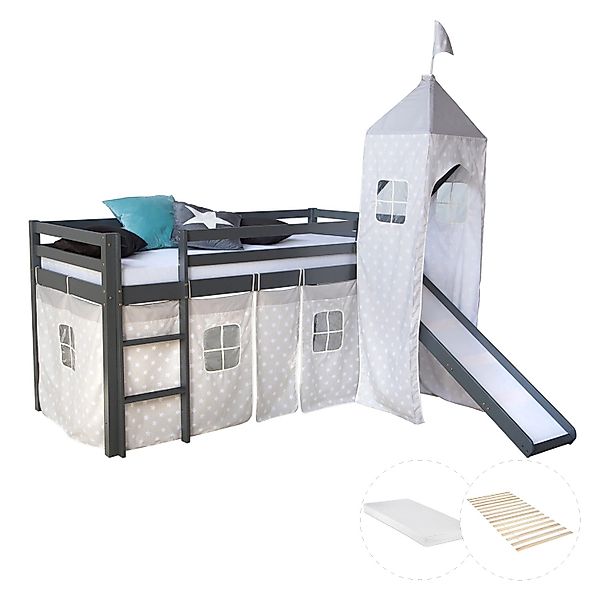 Homestyle4u Kinderhochbett 90x200 Grau mit Lattenrost Rutsche Matratze 2786 günstig online kaufen