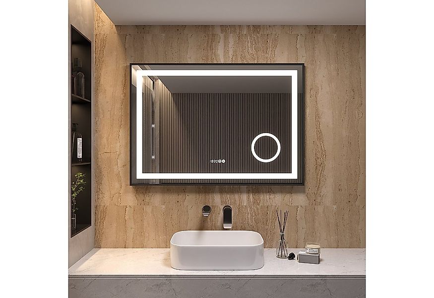 AQUABATOS Spiegel mit Beleuchtung Bad groß schwarz Badspiegel mit Uhr (Badz günstig online kaufen