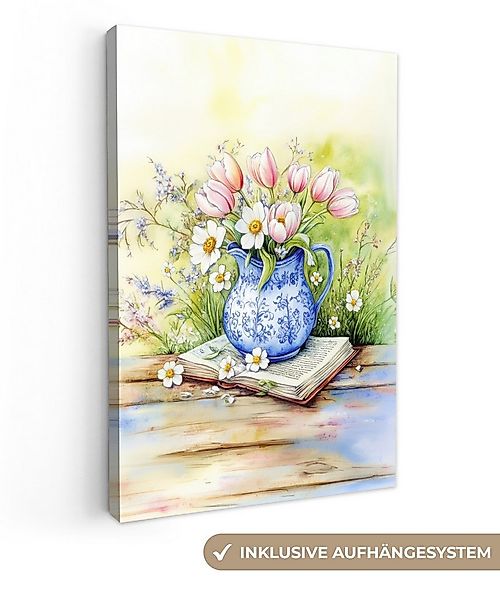 OneMillionCanvasses® Leinwandbild Vase - Delfter Blau - Gänseblümchen, Foto günstig online kaufen