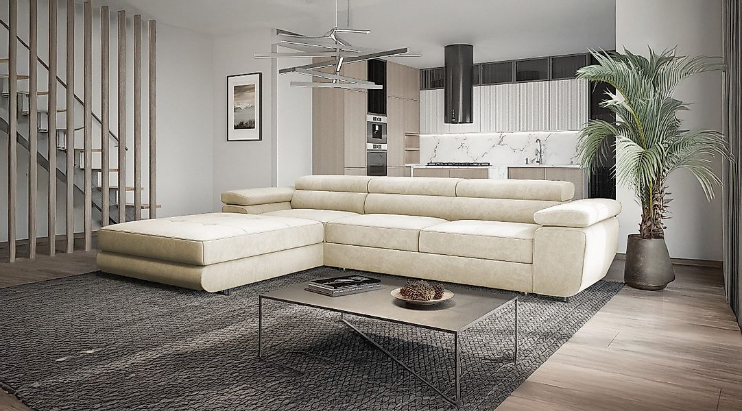 Goldstoff Ecksofa mit Schlaffunktion und Bettkasten, günstig online kaufen
