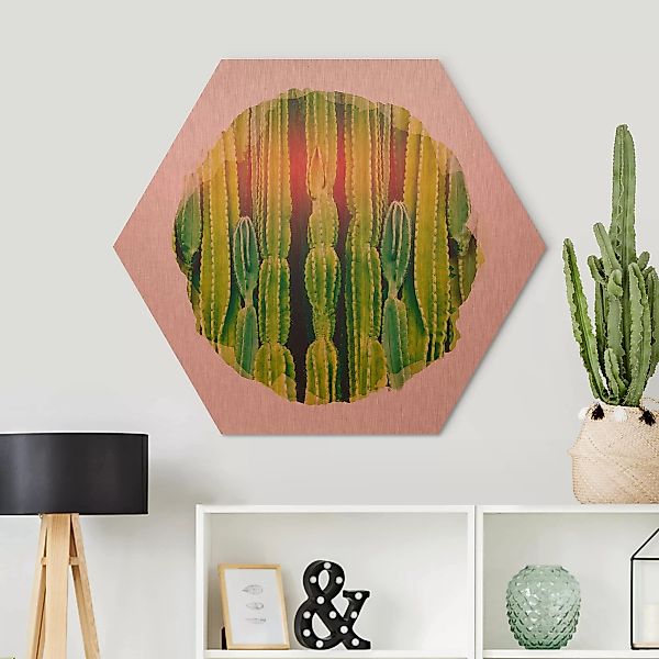 Hexagon-Alu-Dibond Bild Blumen Wasserfarben - Kaktus Wand günstig online kaufen