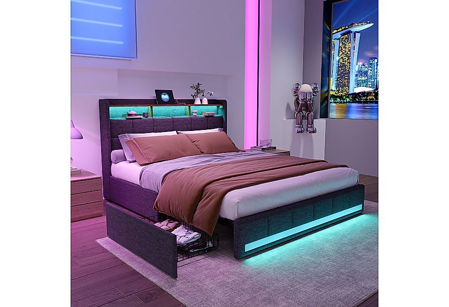 PXloue Polsterbett LED Doppelbett 180x200 cm, mit USB-Laden und Stauraum am günstig online kaufen