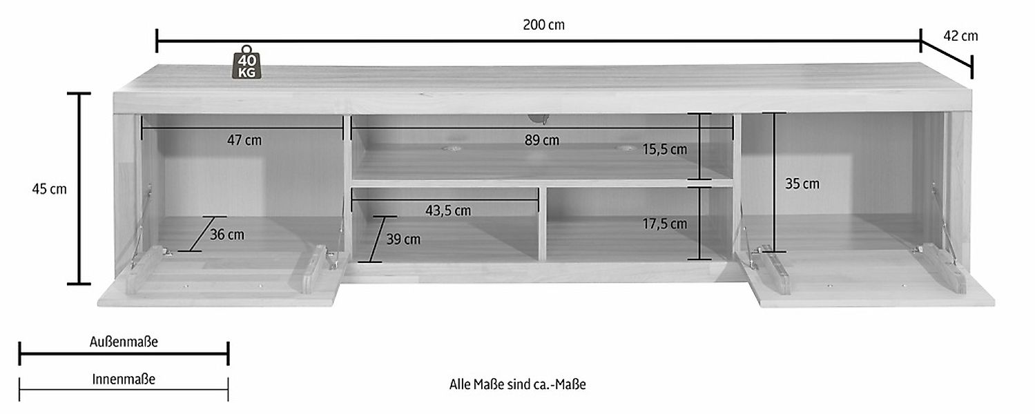 Home affaire Lowboard "Logo,200cm breit,42 cm tief, Fronten Massivholz, Kab günstig online kaufen