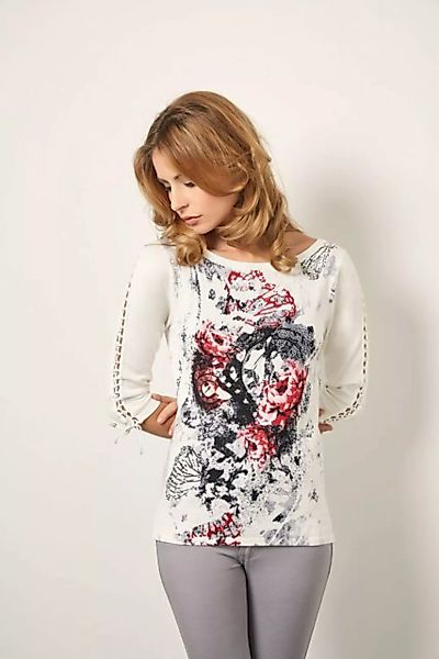 Passioni Sweater Stricktop in Weiß mit modernem Rosen- und Schmetterlingspr günstig online kaufen