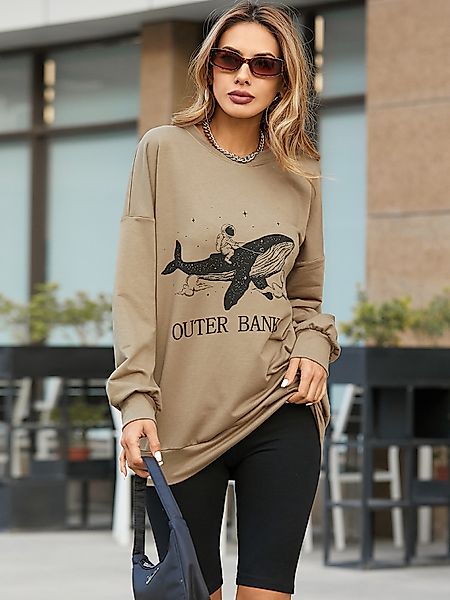 YOINS Khaki Shark Grafik Brief Rundhalsausschnitt Langarm Sweatshirt günstig online kaufen