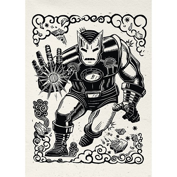 Komar Wandbild Marvel Iron Man Lino-Cut 50 cm x 70 cm Schwarz-Weiß günstig online kaufen