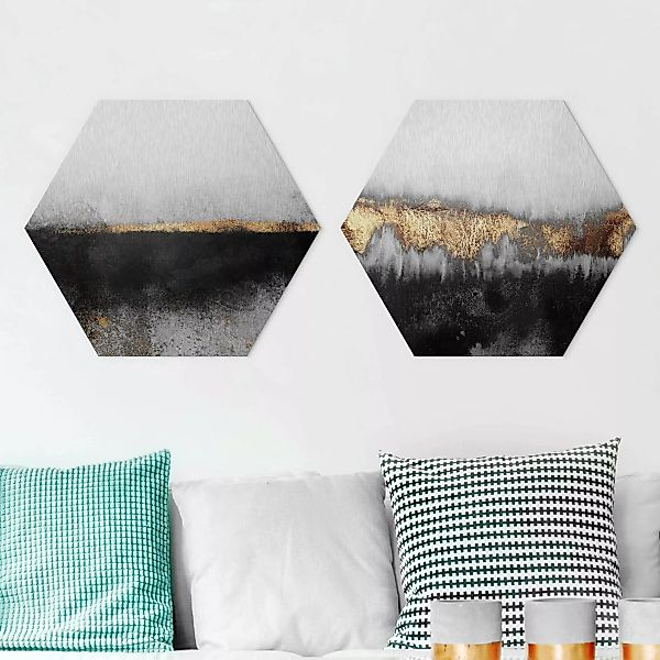 2-teiliges Hexagon-Alu-Dibond Bild Abstrakte Goldene Horizonte in Aquarell günstig online kaufen