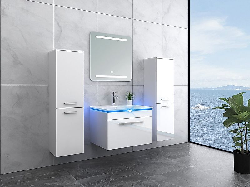 Faizee Home Badmöbel-Set Moderne Badmöbel in Hochglanz Weiß – LED-Spiegel & günstig online kaufen