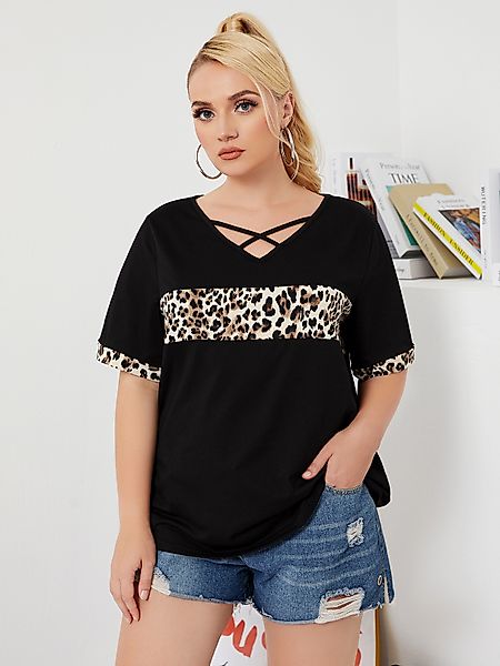 YOINS Plus Größe V-Ausschnitt Leopard Criss-Cross Kurzarm T-Shirt günstig online kaufen