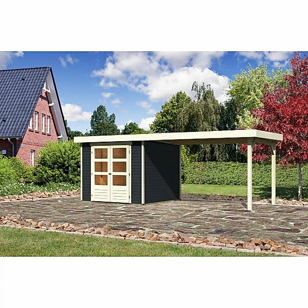 Karibu Gartenhaus Boras 3,5 Anthrazit 462 cm x 246 cm mit Anbaudach günstig online kaufen