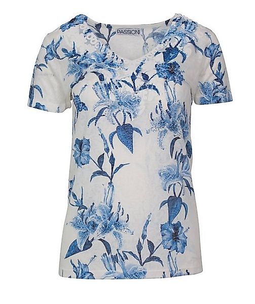 Passioni Print-Shirt in Blau, mit floralem Print und Glitzersteinen sowie S günstig online kaufen