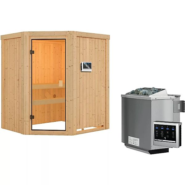 Woodfeeling Sauna Faurin inkl. 9 kW Bio-Ofen mit ext. Strg., Glastür Bronzi günstig online kaufen