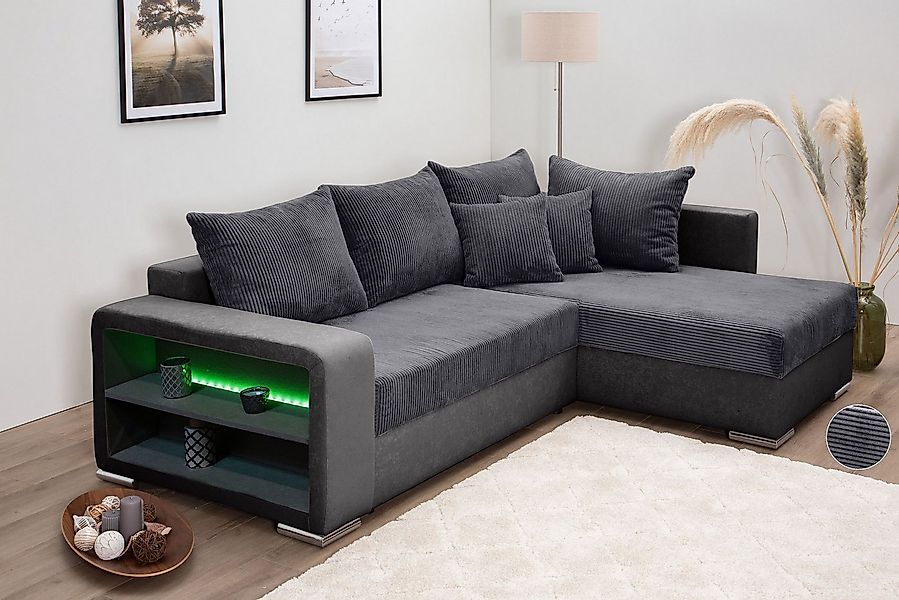 COLLECTION AB Ecksofa "L-Form" Regalarmlehne mit LED RGB Beleuchtung,Bettfu günstig online kaufen