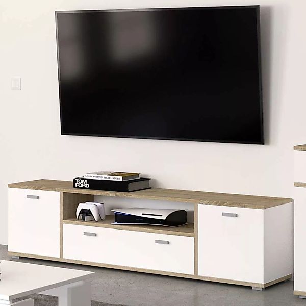 Fernsehlowboard in Sonoma-Eiche hell und Weiß mit offenem Gerätefach günstig online kaufen