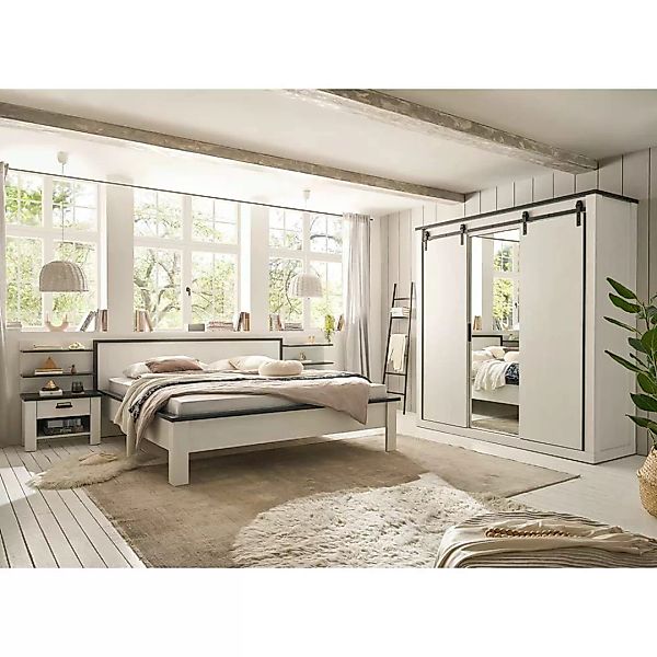 Modern Country Schlafzimmer Schrank in Scheunentür Optik Pinie Weiß (vierte günstig online kaufen
