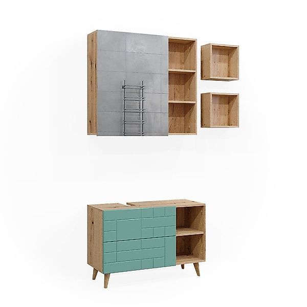 Vicco Badmöbel-Set Rudi, Mintgrün/Eiche, 4 Teile, günstig online kaufen