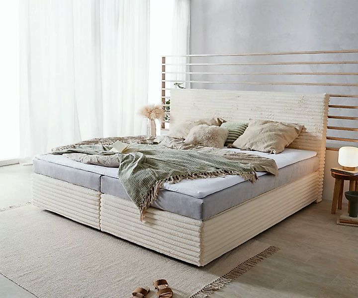 Boxspringbett Dream-Well Plüsch-Cord Beige 200x200 cm Bonell-Matratze PU-To günstig online kaufen