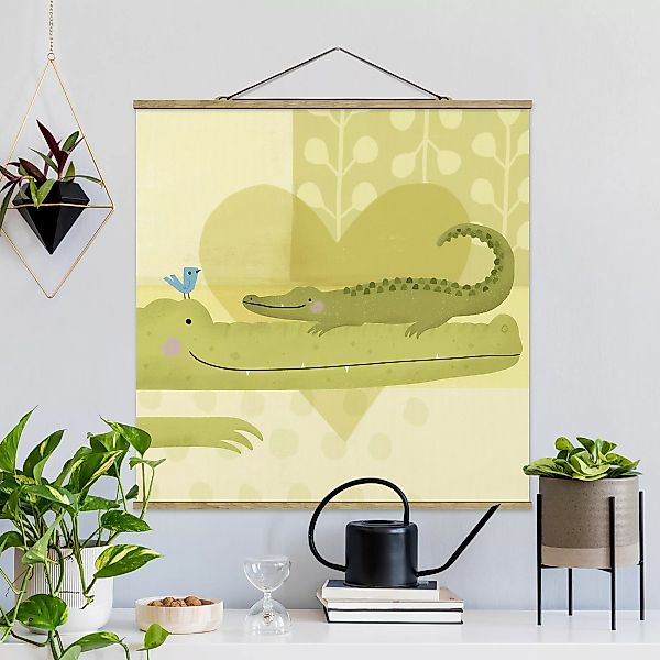 Stoffbild Tiere mit Posterleisten - Quadrat Mama und ich - Krokodile günstig online kaufen