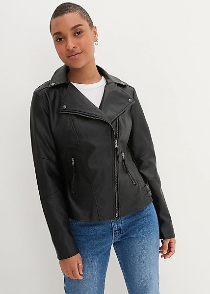 bonprix Lederimitatjacke im Bikerstil, taillierte Passform, mit Kragen und günstig online kaufen