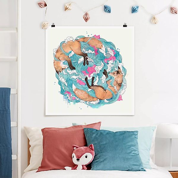 Poster Tiere - Quadrat Illustration Füchse und Wellen Malerei günstig online kaufen
