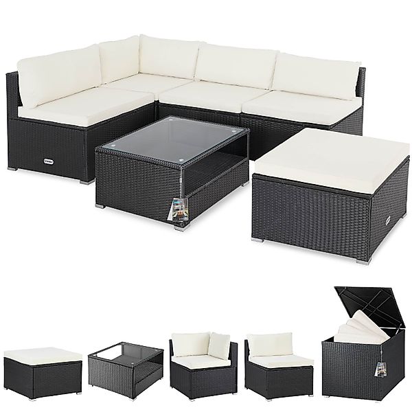Polyrattan Ecklounge Schwarz/Creme mit Polyrattan Auflagenbox Schwarz günstig online kaufen