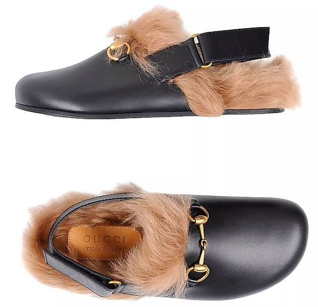 GUCCI Lammfell Princetown Sandalen mit Horsebit Unisex Clog Antikes goldfar günstig online kaufen