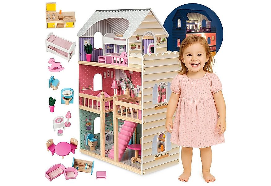 Mamabrum Puppenhaus 3-stöckiges Holzpuppenhaus mit Terrasse, Möbelset und L günstig online kaufen