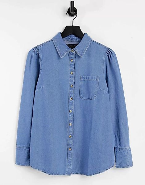ASOS DESIGN – Hemd aus weichem Jeansstoff in mittlerer Waschung mit Puffärm günstig online kaufen