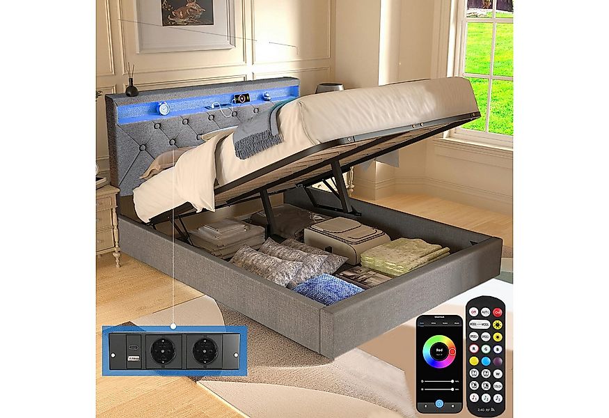 oyajia Polsterbett Doppelbett mit LED Licht 140x200cm,Hydraulisch anhebbare günstig online kaufen