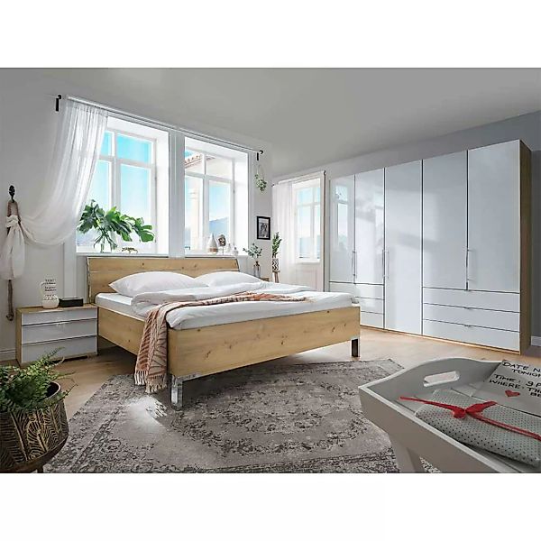 Komplettschlafzimmer in Eiche Bianco und Weiß mit Glas beschichtet (viertei günstig online kaufen