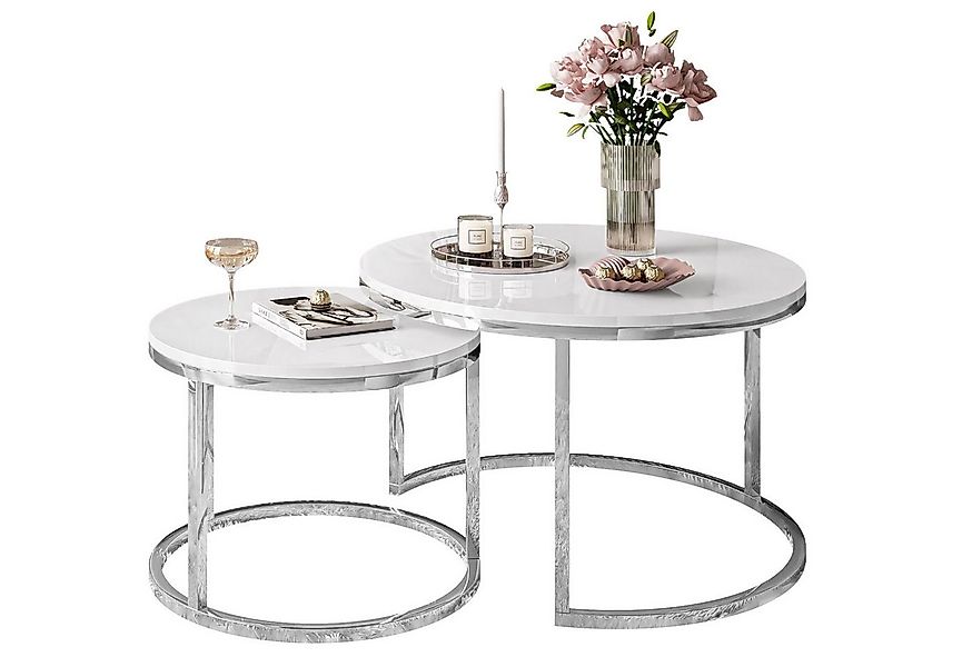 Lookway Couchtisch CIRI 2in1 Hochglanz Chrom Gestell Runder Tisch (2er Set) günstig online kaufen