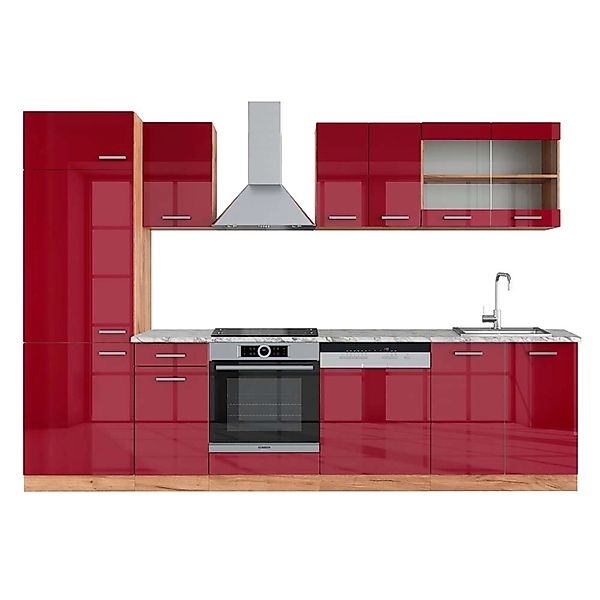 Vicco R-Line Küchenzeile Bordeaux Hochglanz/Goldkraft Eiche 300 cm AP Marmo günstig online kaufen