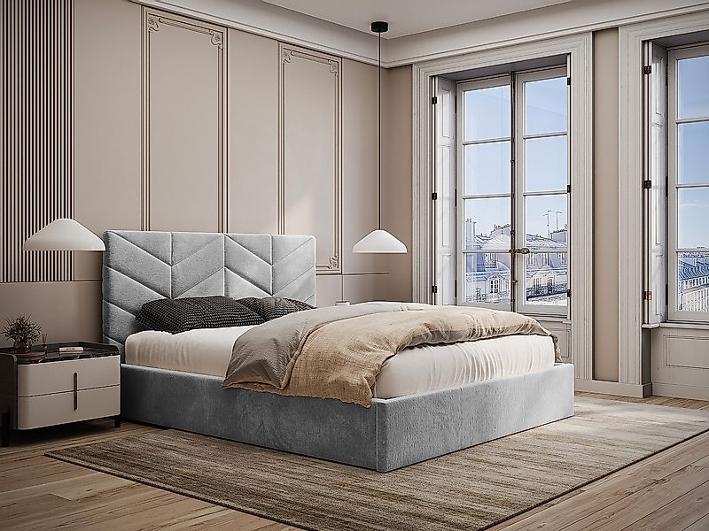 Stauraumbett + Matratze - 200 x 200 cm - Strukturstoff - Grau - JUSTANI günstig online kaufen