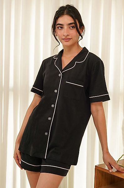 SNOOZE OFF Shorty Damen Pyjama in Schwarz mit Kontrastpaspel aus 100 % Baum günstig online kaufen