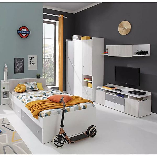 Jugendzimmer Set mit Bett 90x200 cm Liegefläche weiß, Eiche hell, grau COLL günstig online kaufen