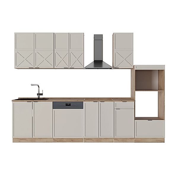 Vicco Fame-Line Küchenzeile GrauBeige/Goldkraft Eiche 300 cm mit Hochschran günstig online kaufen