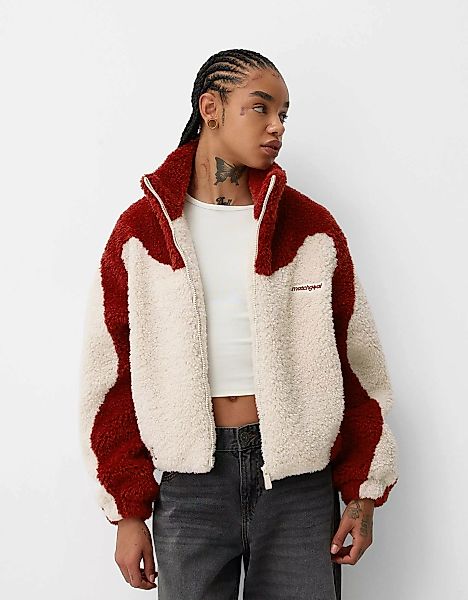 Bershka Kontrastfarbene Jacke Aus Lammfellimitat Damen S Granatrot günstig online kaufen