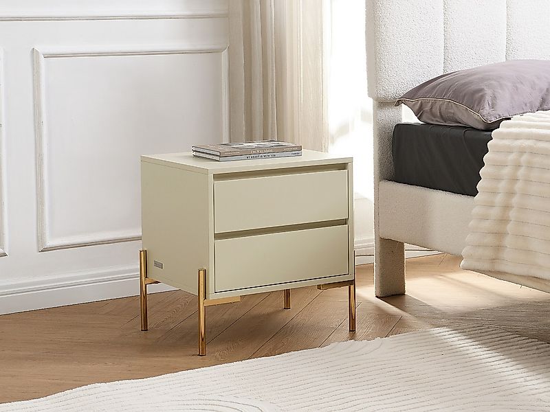 Nachttisch mit 2 Schubladen - MDF & Metall - Beige & Goldfarben - KORASA vo günstig online kaufen